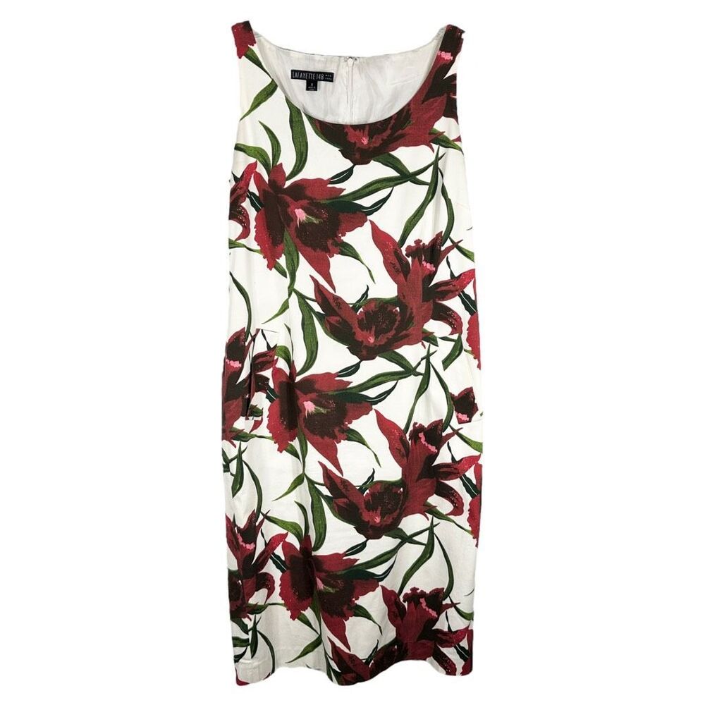 Lafayette 148 Size 8 Dress White Red Green Floral Shift Lined‎ Knee Length 642 - Picture 8 of 8
